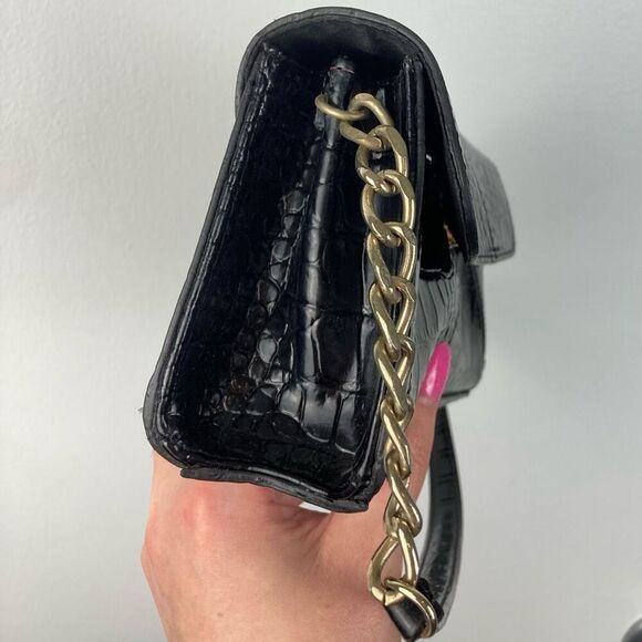 Vintage Y2K Mini Satchel Shoulder Bag Black Alligator Print Brass Chain Vegan - Picture 5 of 11